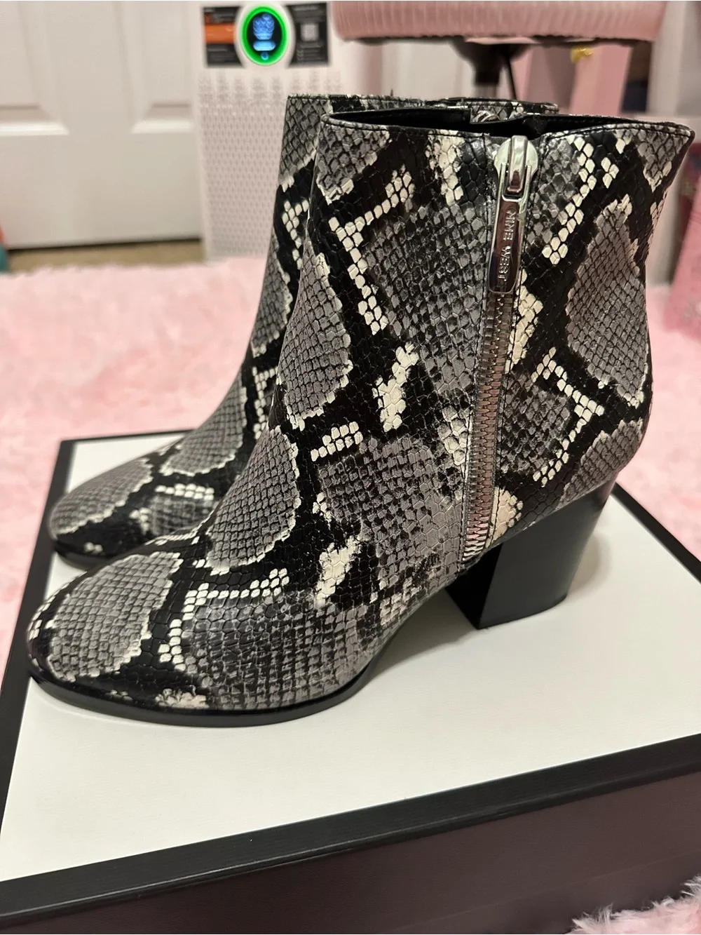 Nine West Black and Gray Snake-Print Ankle Booties